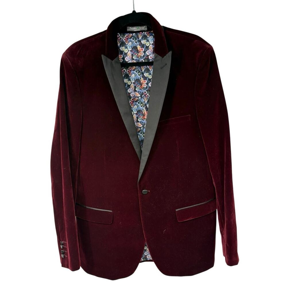 Paisley & Gray Burgundy Velvet Black Lapel Blazer Mens 42L
